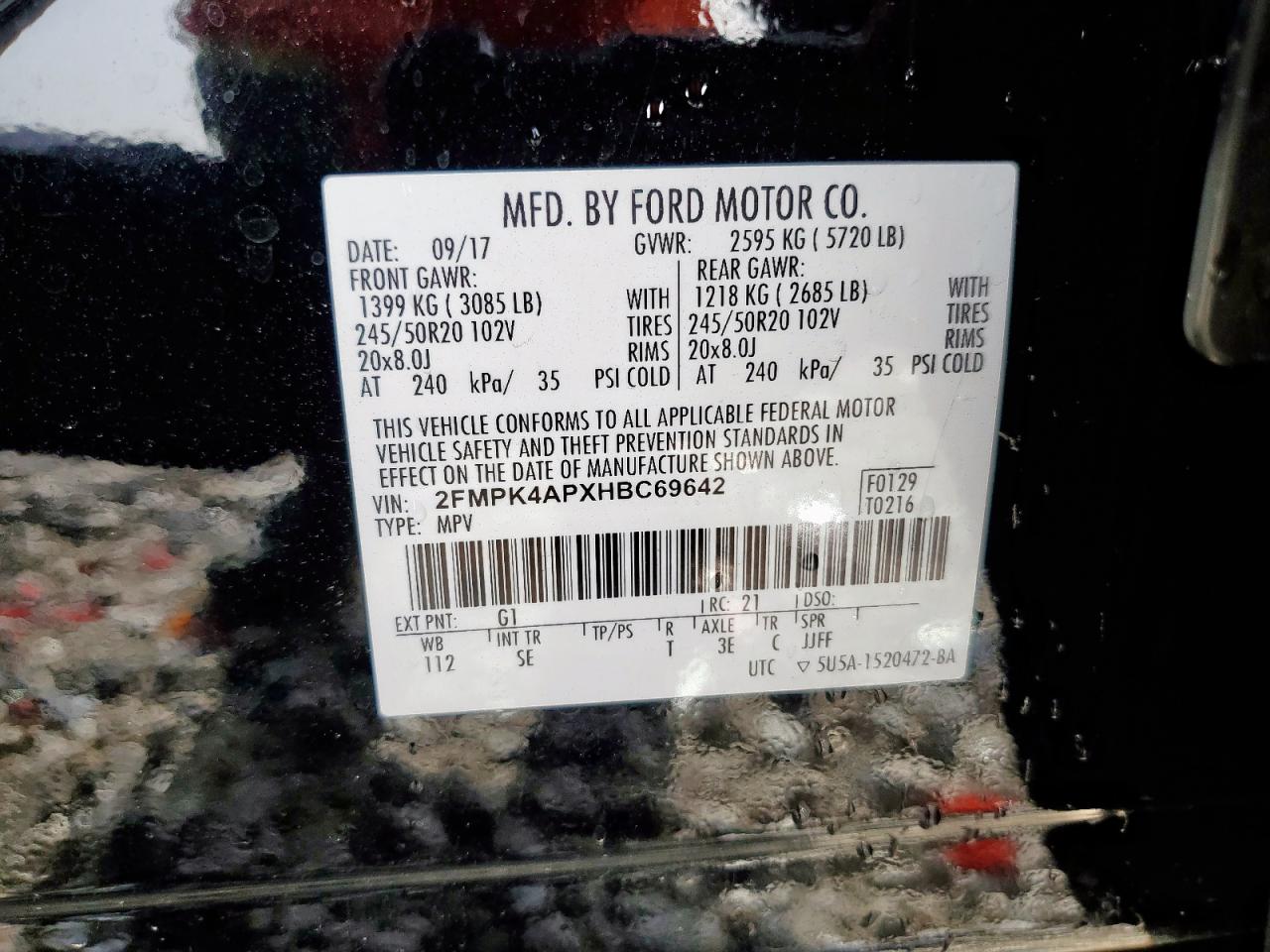 2017 Ford Edge Sport VIN: 2FMPK4APXHBC69642 Lot: 61672115
