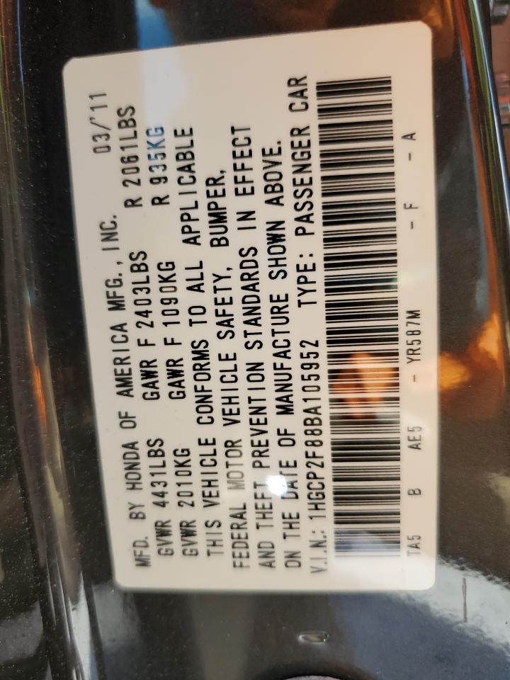 2011 Honda Accord Exl VIN: 1HGCP2F88BA105952 Lot: 62834155