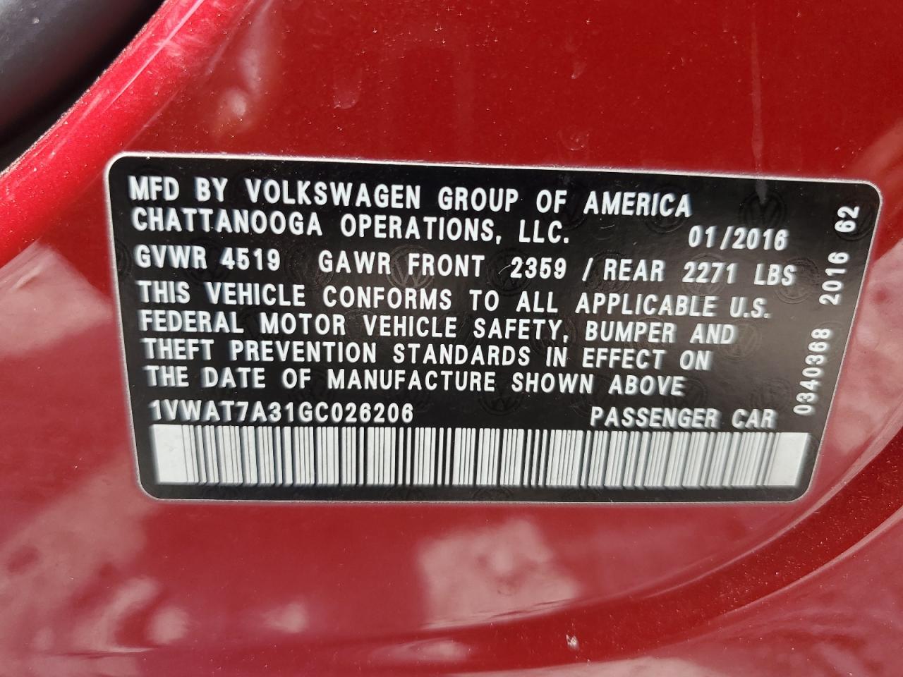 2016 Volkswagen Passat S VIN: 1VWAT7A31GC026206 Lot: 62956685