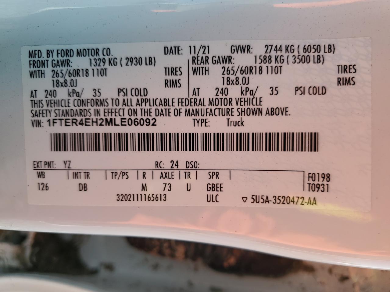 2021 Ford Ranger Xl VIN: 1FTER4EH2MLE06092 Lot: 60671535