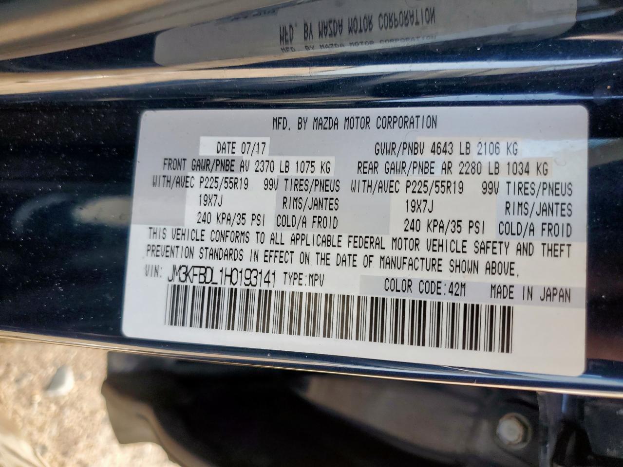 2017 Mazda Cx-5 Grand Touring VIN: JM3KFBDL1H0193141 Lot: 62004715
