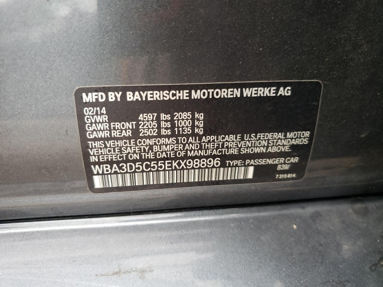 2014 BMW 328 D xDrive VIN: WBA3D5C55EKX98896 Lot: 61073655