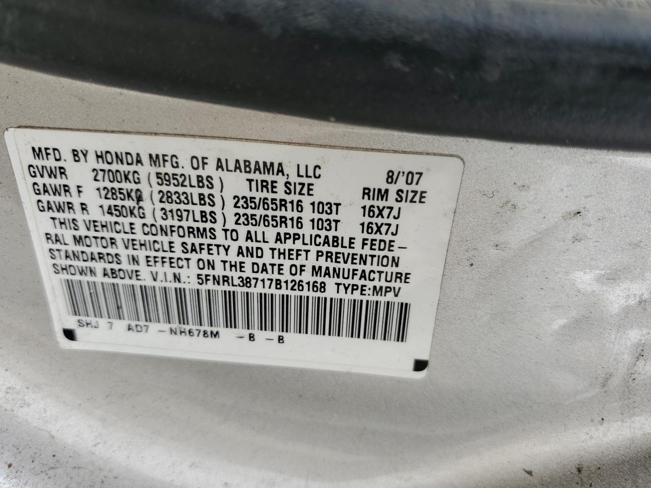 2007 Honda Odyssey Exl VIN: 5FNRL38717B126168 Lot: 62078825