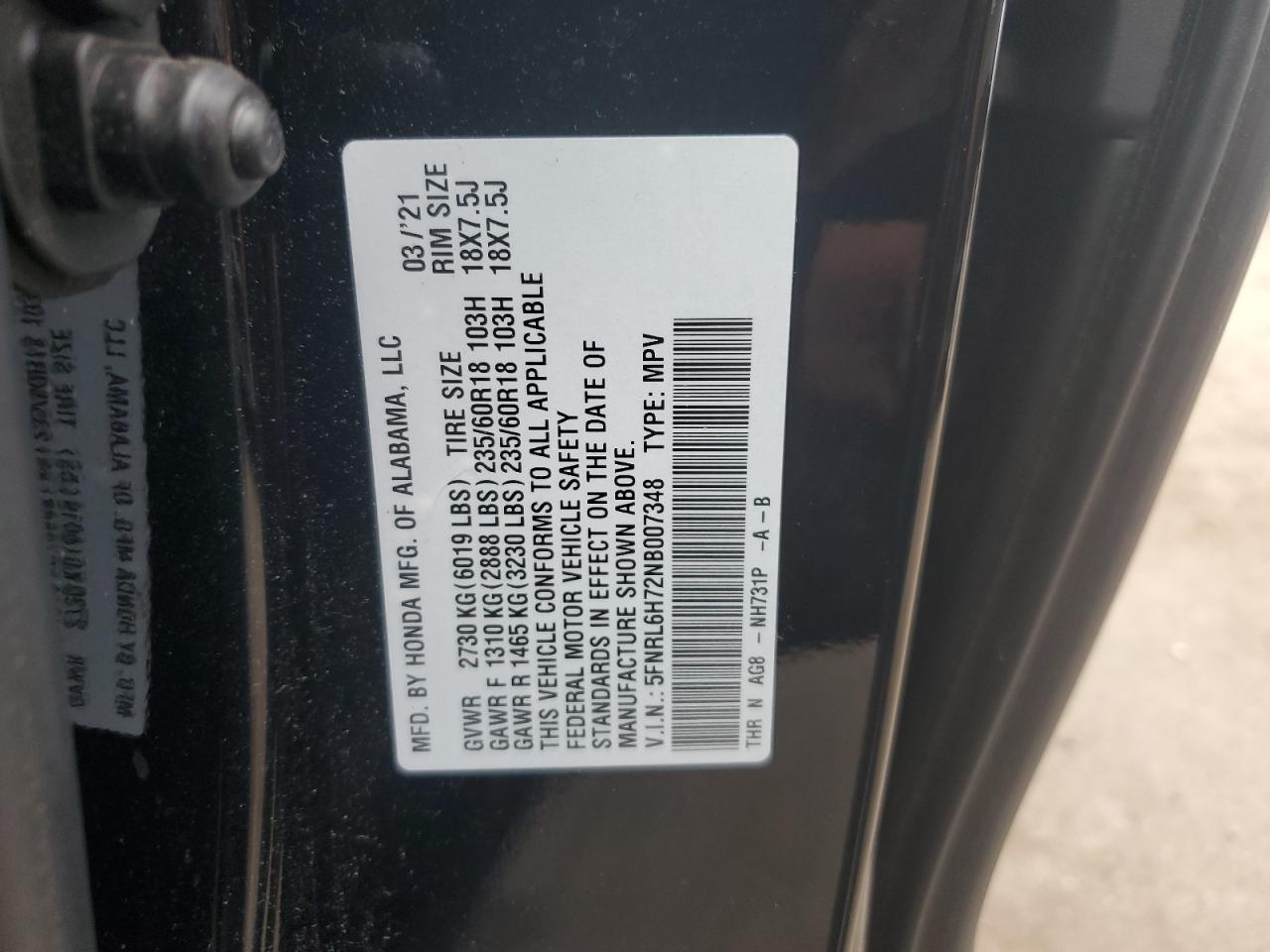 2022 Honda Odyssey Exl VIN: 5FNRL6H72NB007348 Lot: 62824325