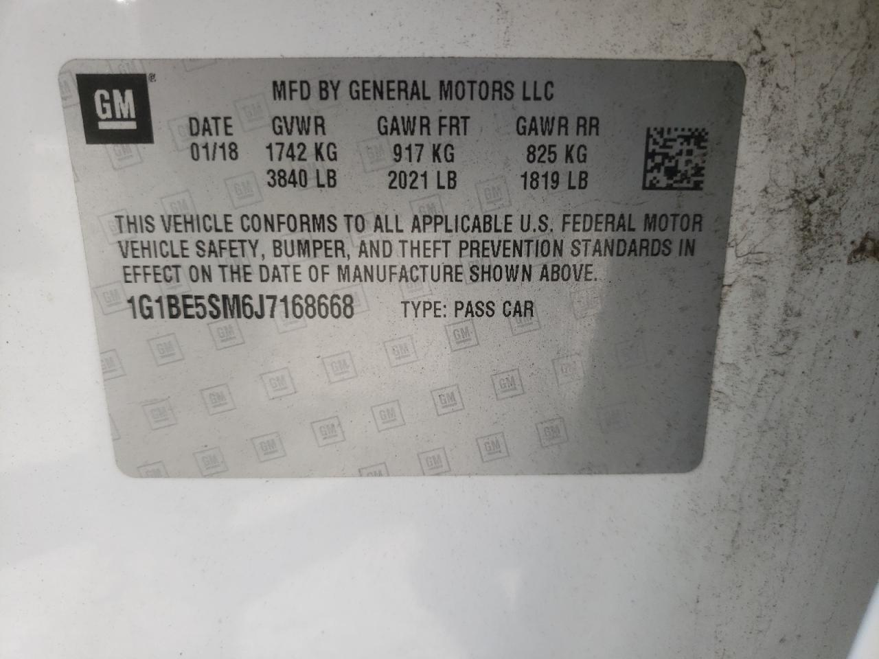 2018 Chevrolet Cruze Lt VIN: 1G1BE5SM6J7168668 Lot: 62486405