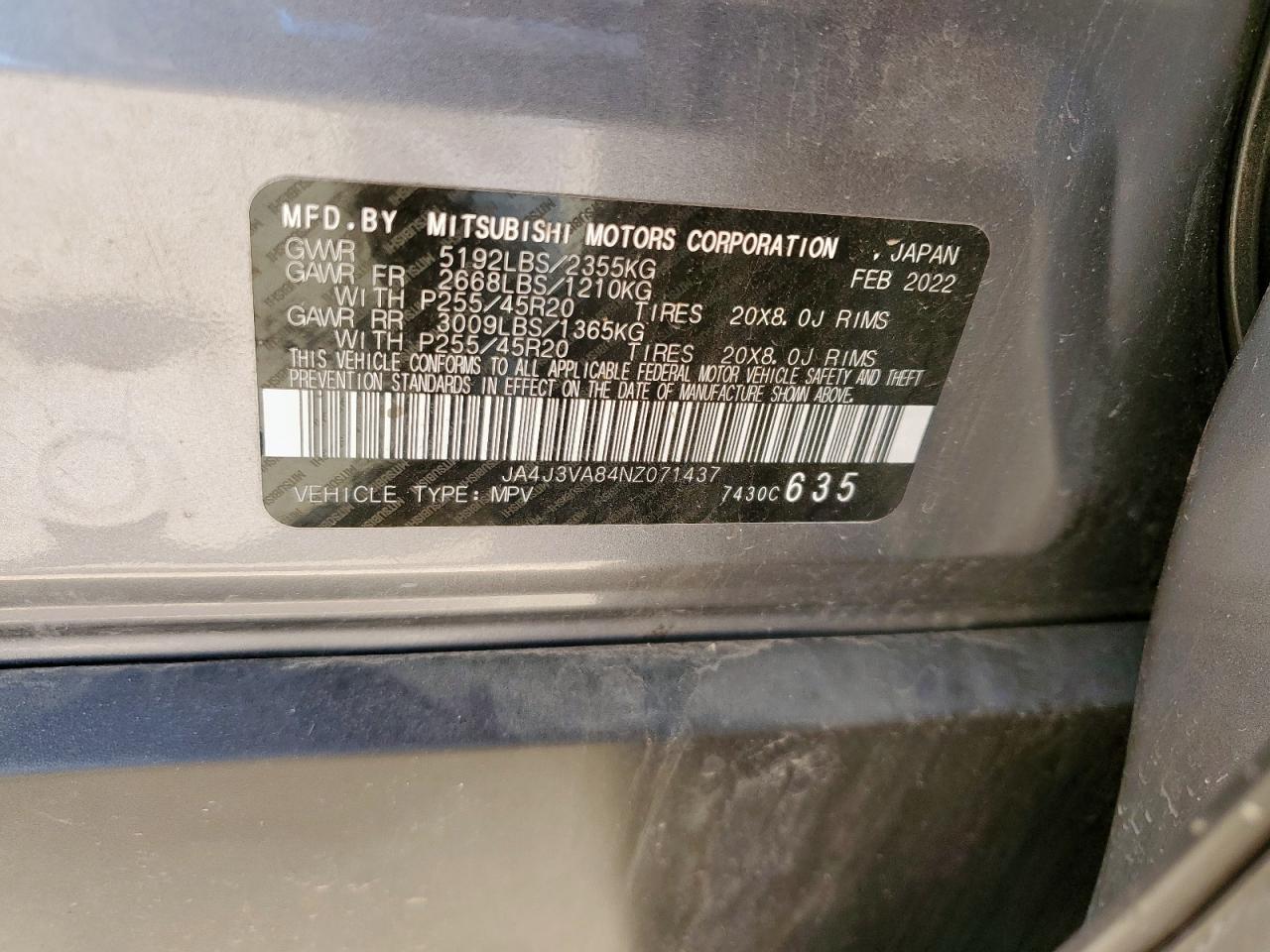 2022 Mitsubishi Outlander Sel VIN: JA4J3VA84NZ071437 Lot: 62909275