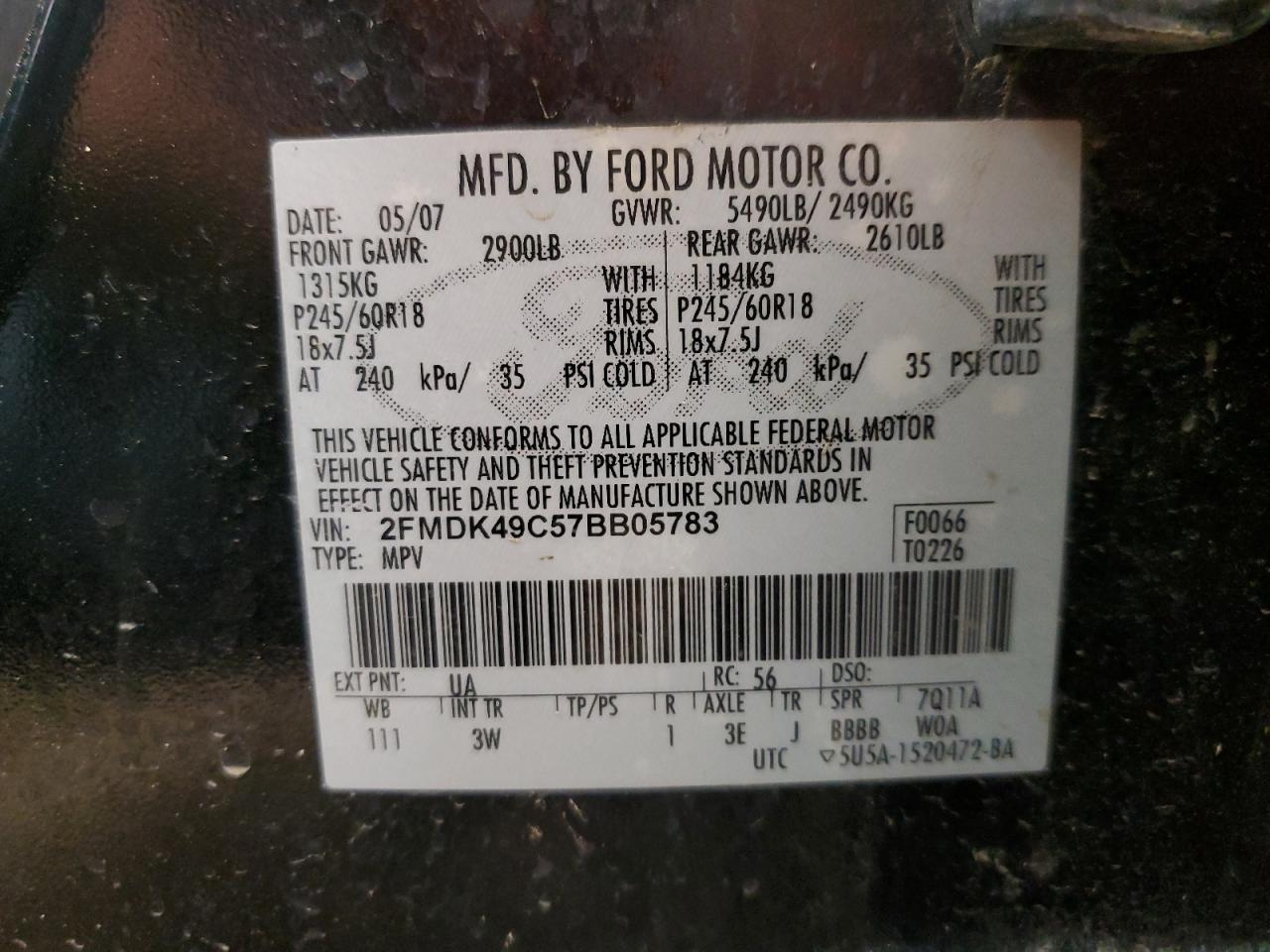 2007 Ford Edge Sel Plus VIN: 2FMDK49C57BB05783 Lot: 62769705