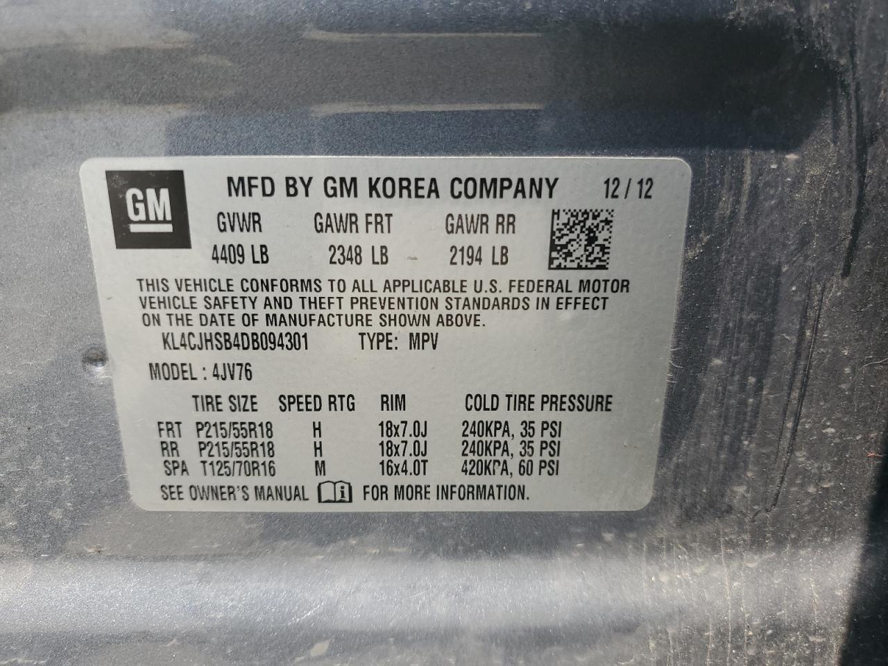 2013 Buick Encore Premium VIN: KL4CJHSB4DB094301 Lot: 59558495