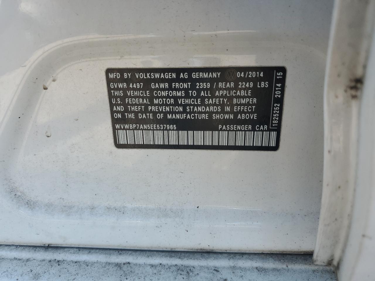 2014 Volkswagen Cc Sport VIN: WVWBP7AN5EE537965 Lot: 58736145