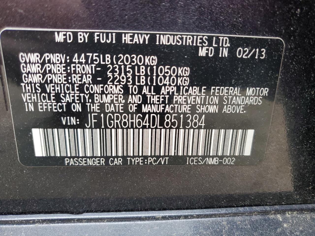 2013 Subaru Impreza Wrx Sti VIN: JF1GR8H64DL851384 Lot: 60834225