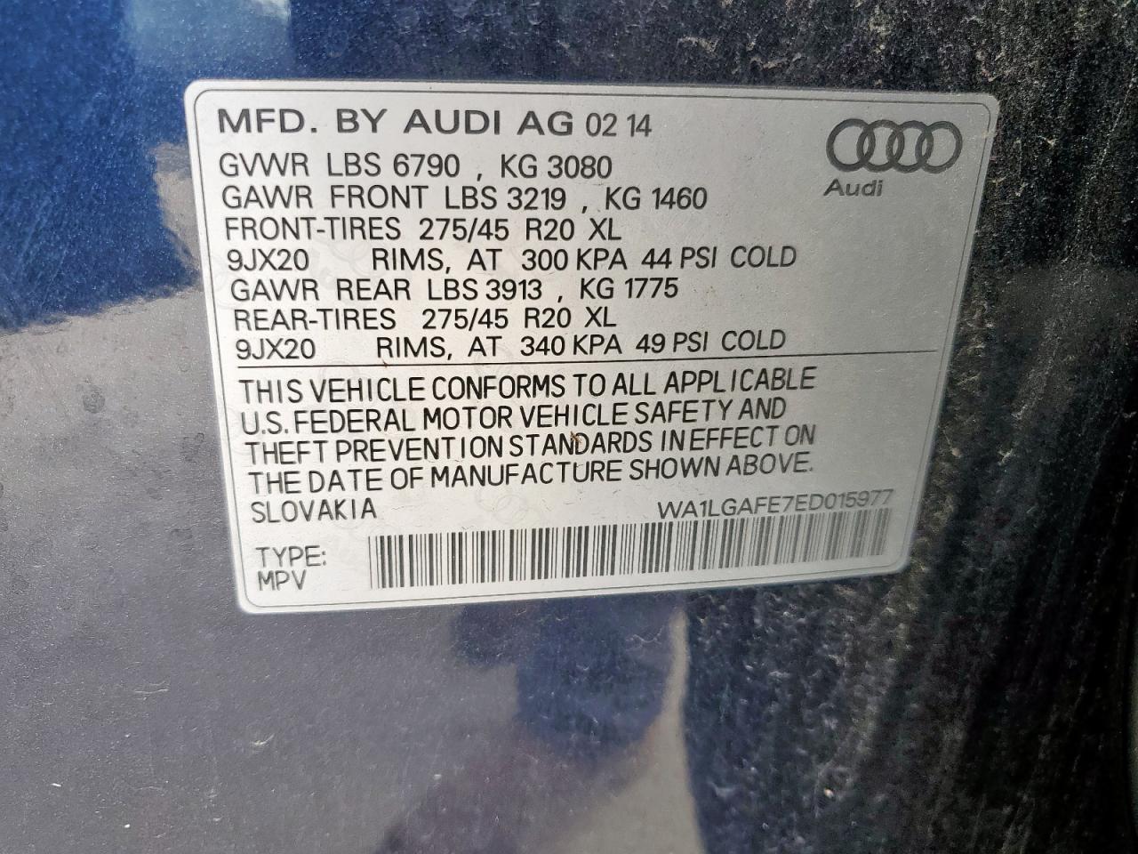 2014 Audi Q7 Premium Plus VIN: WA1LGAFE7ED015977 Lot: 60115085