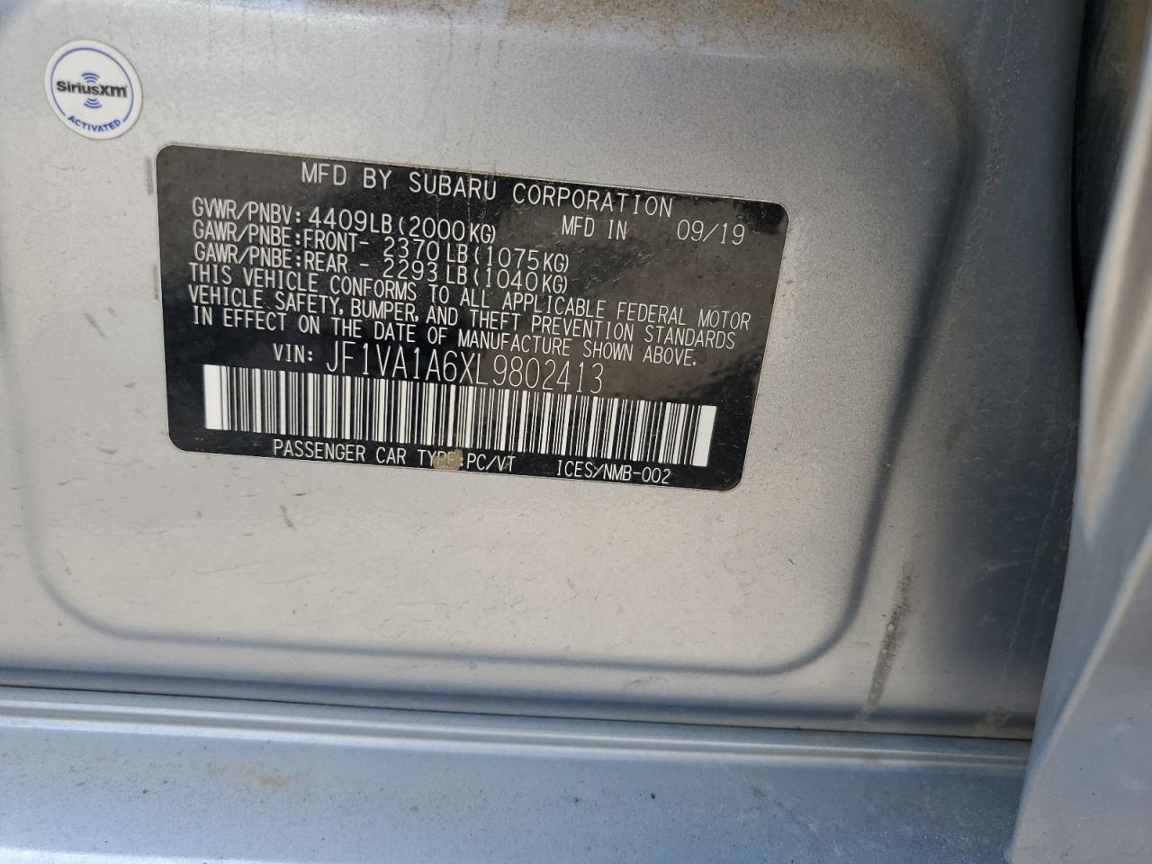 2020 Subaru Wrx VIN: JF1VA1A6XL9802413 Lot: 62721825