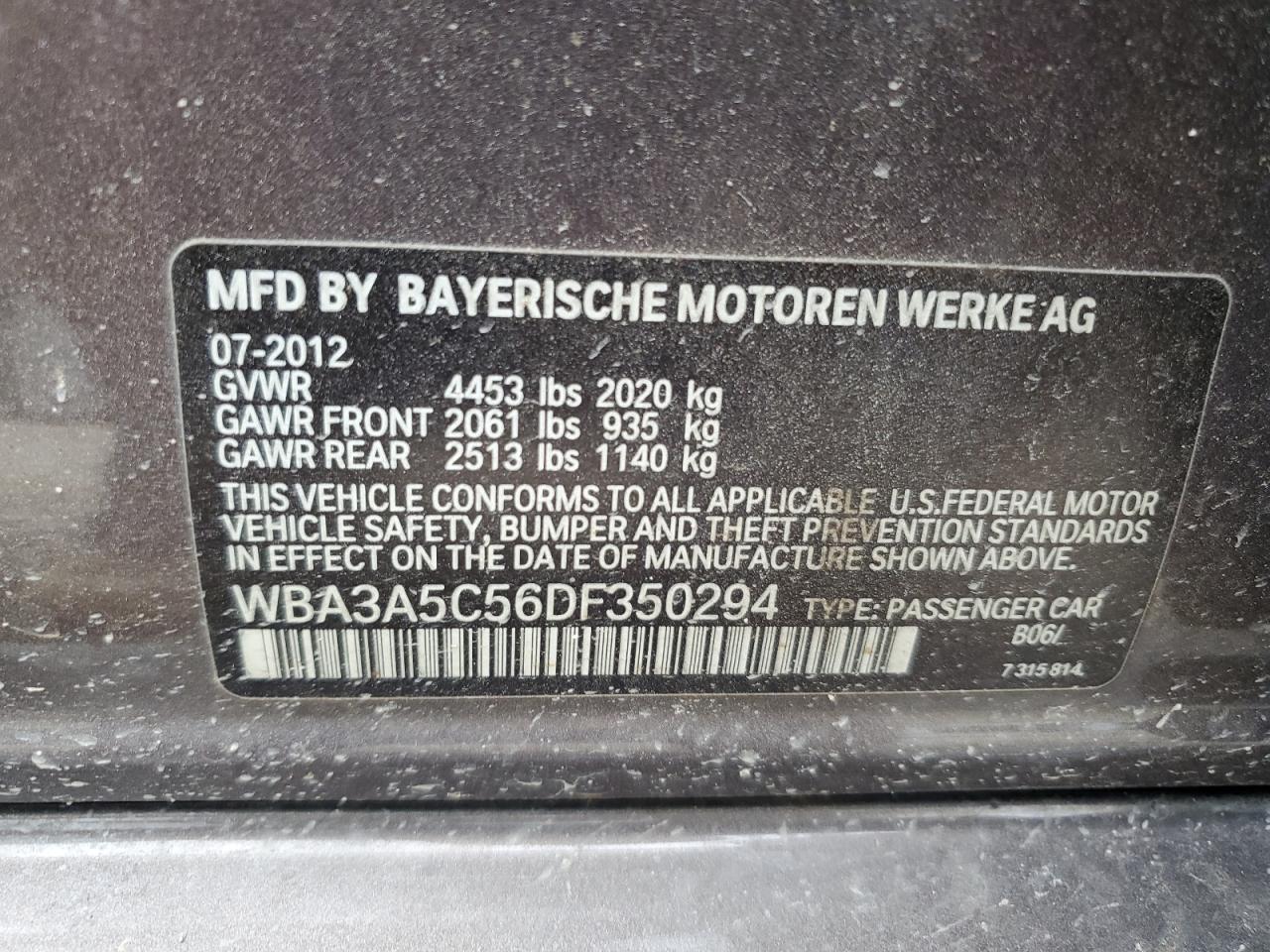 2013 BMW 328 I VIN: WBA3A5C56DF350294 Lot: 62420505