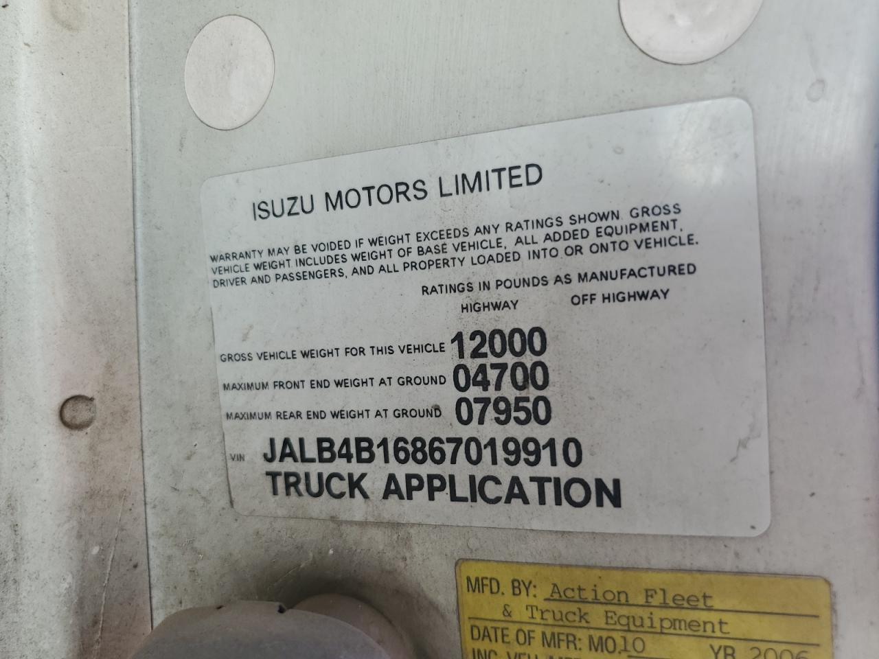 2006 Isuzu Npr VIN: JALB4B16867019910 Lot: 60001915
