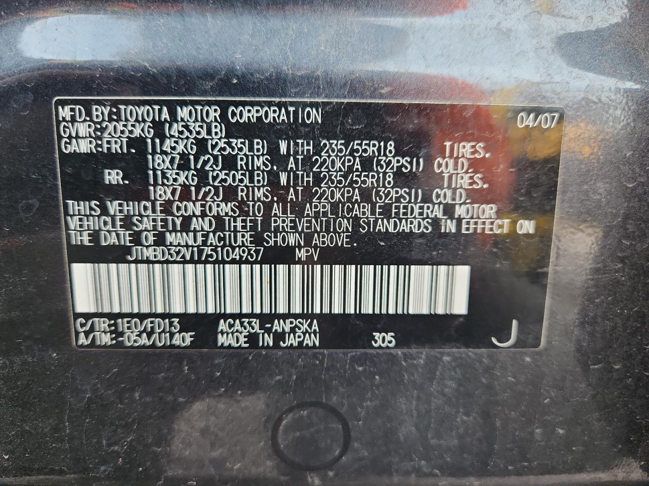 2007 Toyota Rav4 Sport VIN: JTMBD32V175104937 Lot: 62157245