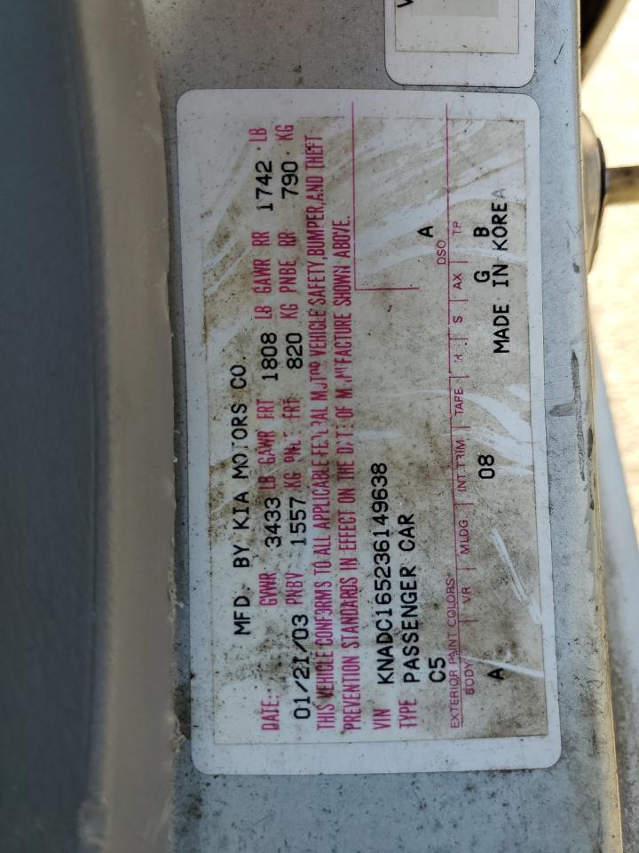 2003 Kia Rio Cinco VIN: KNADC165236149638 Lot: 61282235