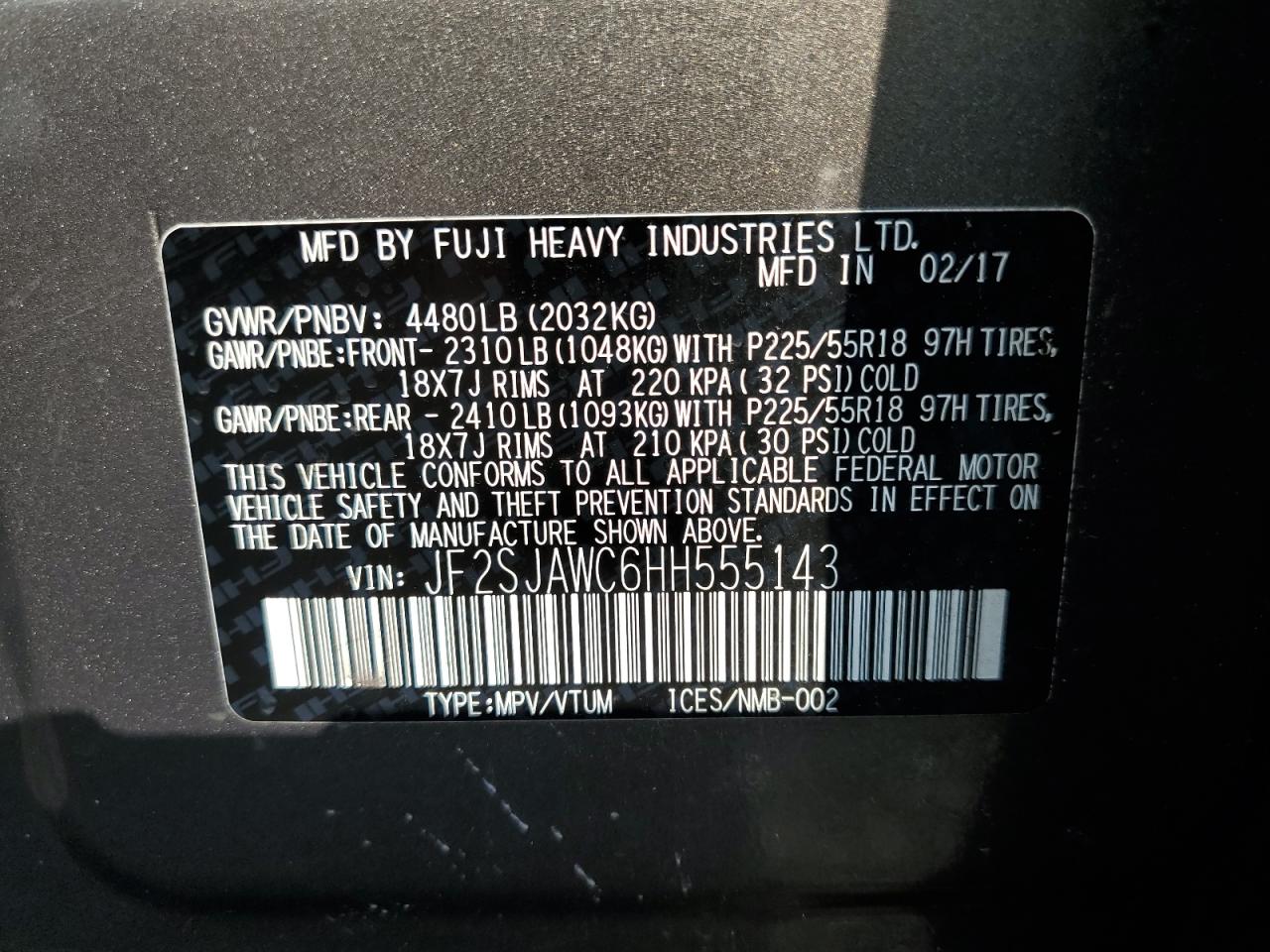 2017 Subaru Forester 2.5I Touring VIN: JF2SJAWC6HH555143 Lot: 59842275