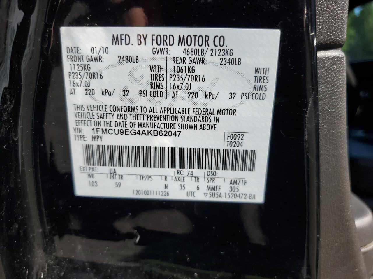 2010 Ford Escape Limited VIN: 1FMCU9EG4AKB62047 Lot: 62946685