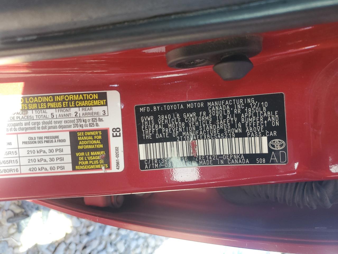 2011 Toyota Corolla Base VIN: 2T1BU4EEXBC545219 Lot: 61965735
