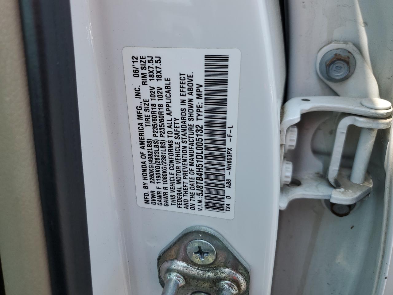 2013 Acura Rdx Technology VIN: 5J8TB4H51DL005132 Lot: 60103755