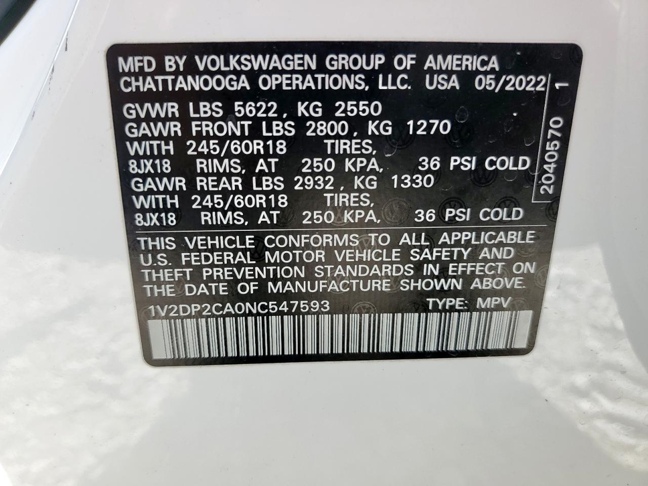 2022 Volkswagen Atlas Se VIN: 1V2DP2CA0NC547593 Lot: 62278285