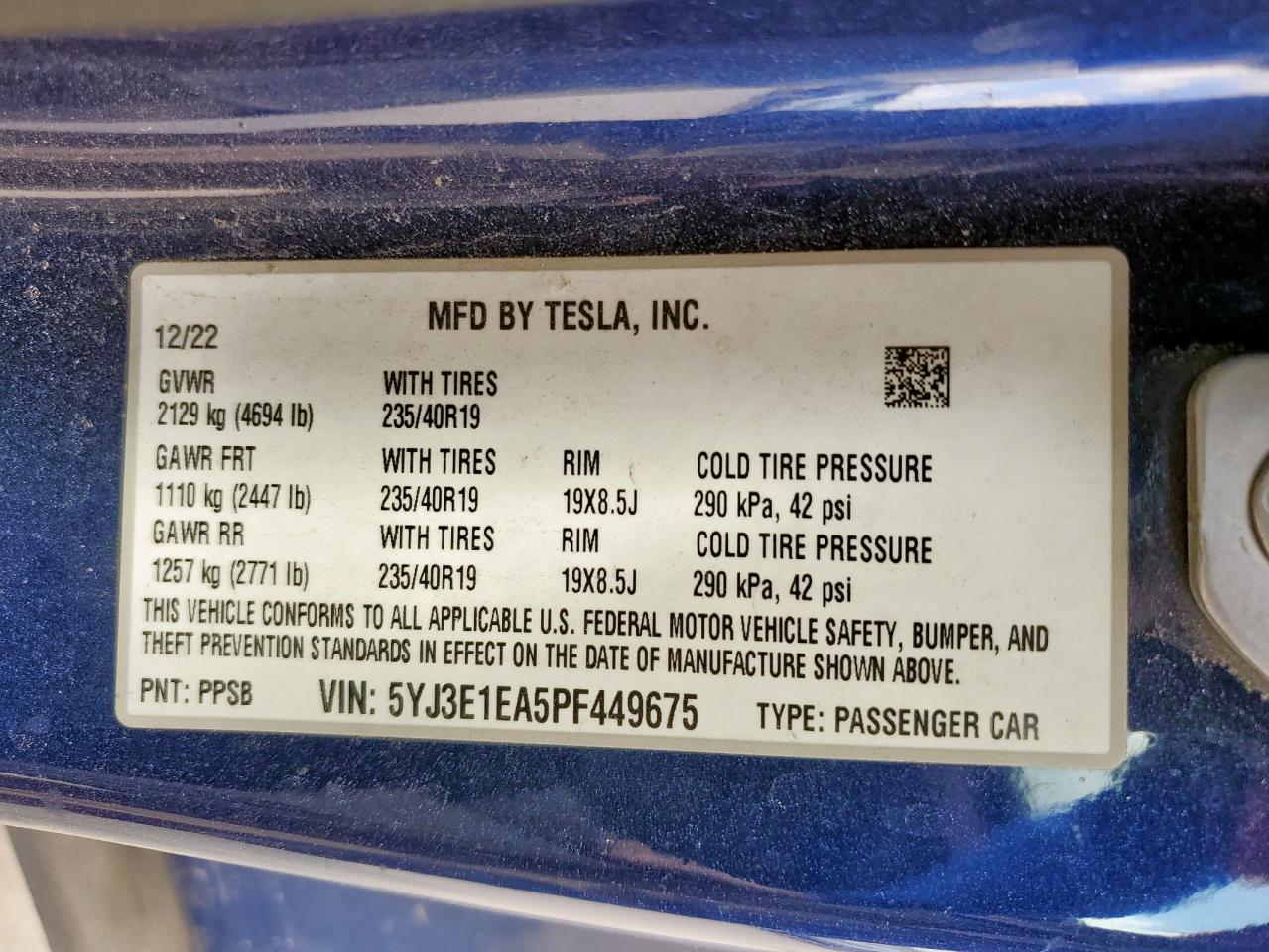 2023 Tesla Model 3 VIN: 5YJ3E1EA5PF449675 Lot: 62165015