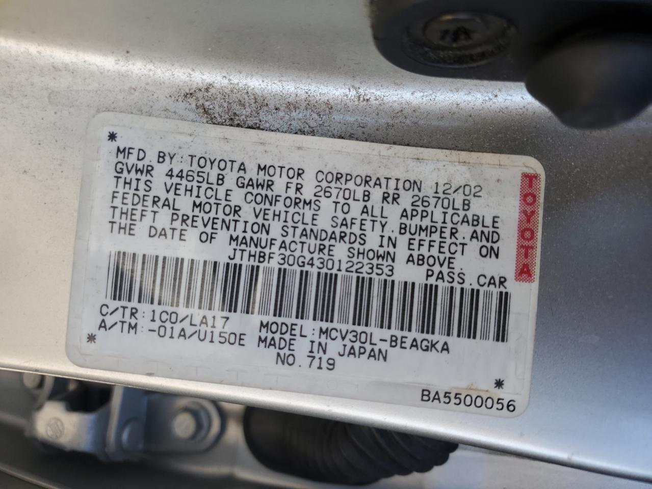 2003 Lexus Es 300 VIN: JTHBF30G430122353 Lot: 61164295