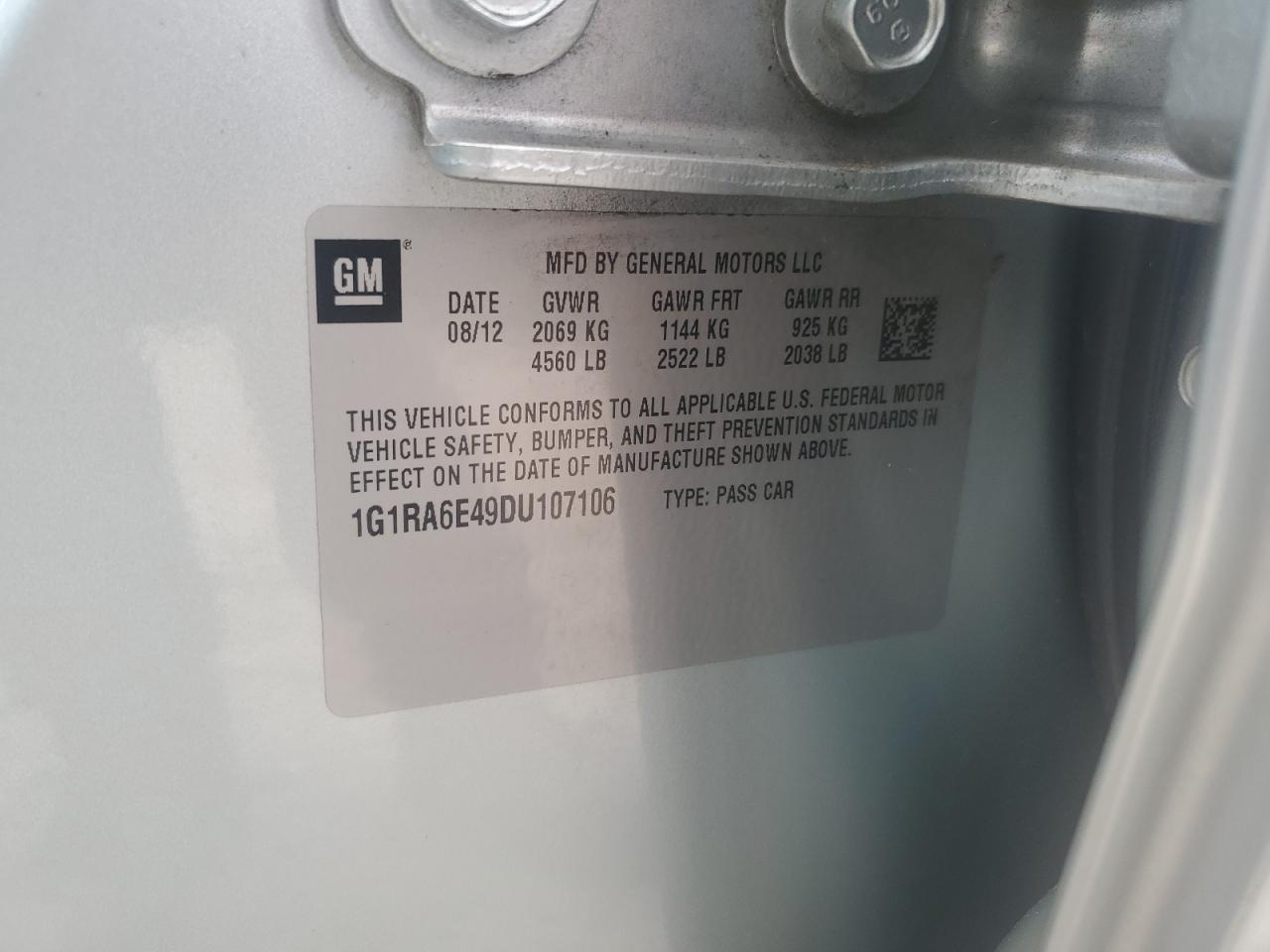 2013 Chevrolet Volt VIN: 1G1RA6E49DU107106 Lot: 59578965