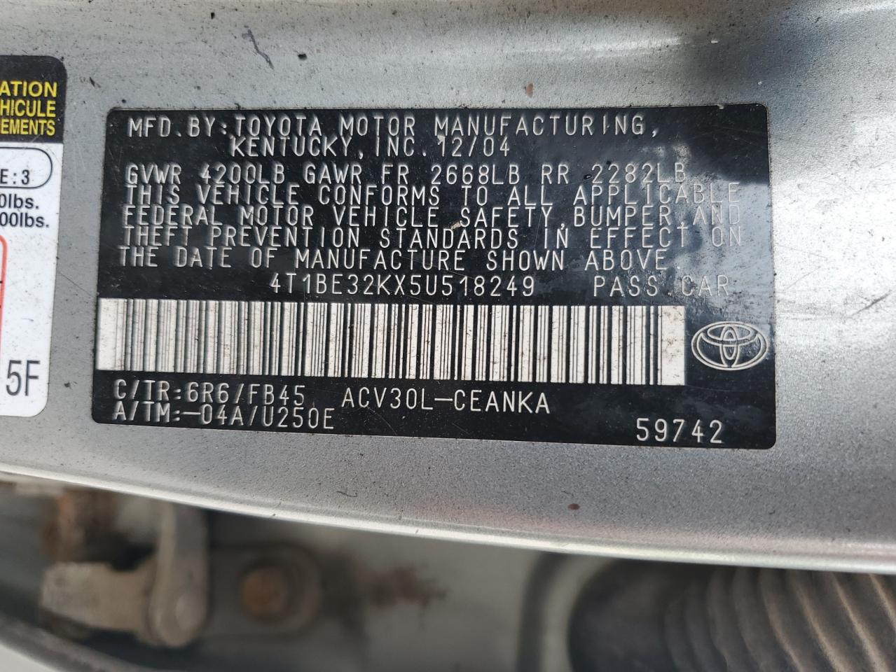 2005 Toyota Camry Le VIN: 4T1BE32KX5U518249 Lot: 62479025