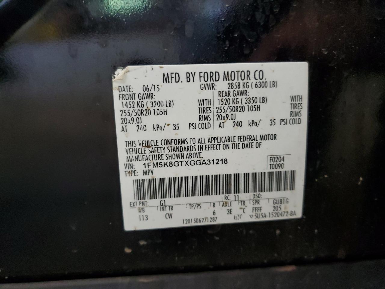 2016 Ford Explorer Sport VIN: 1FM5K8GTXGGA31218 Lot: 62681525