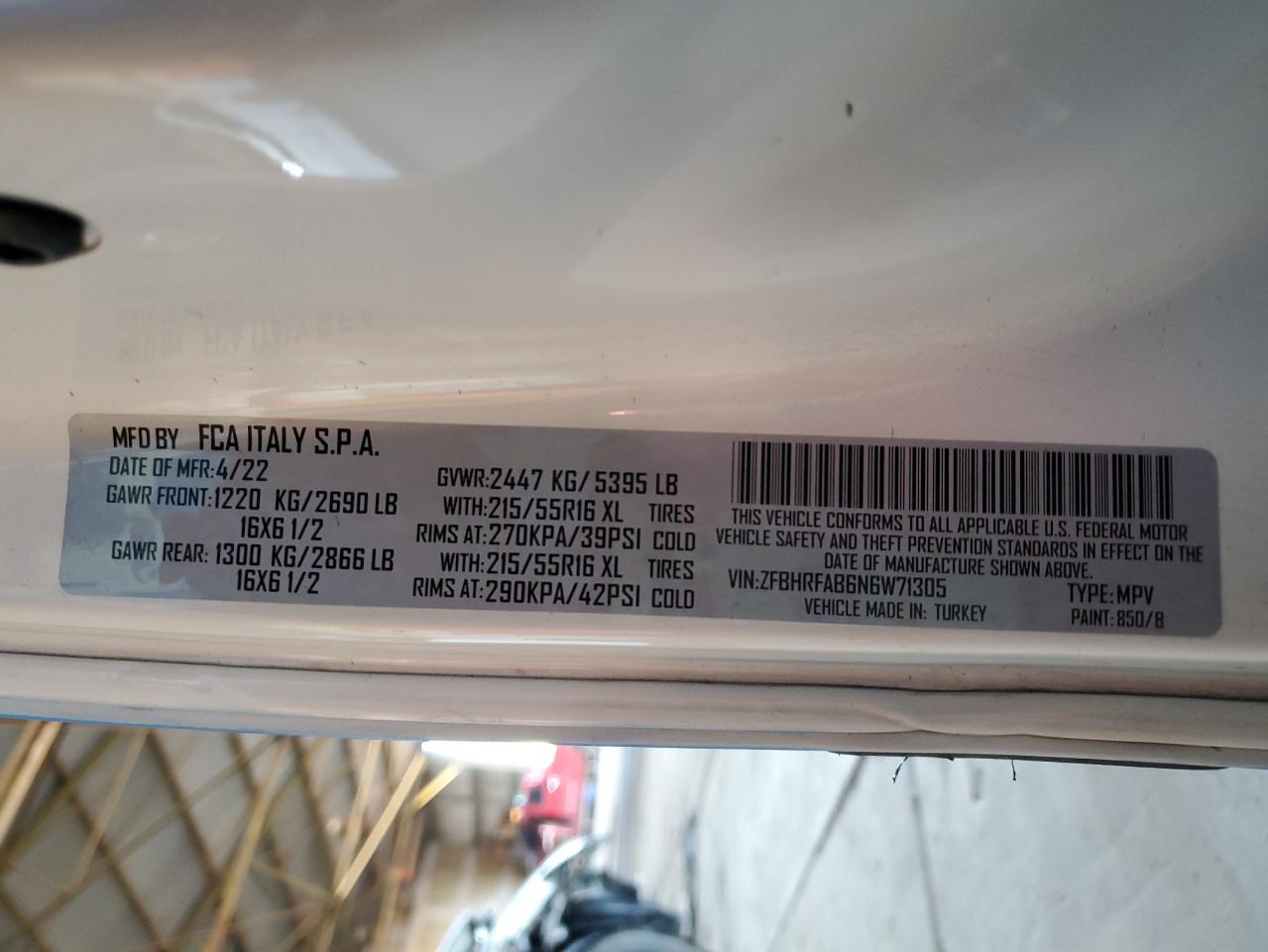 2022 Ram Promaster City Tradesman VIN: ZFBHRFAB6N6W71305 Lot: 59542085