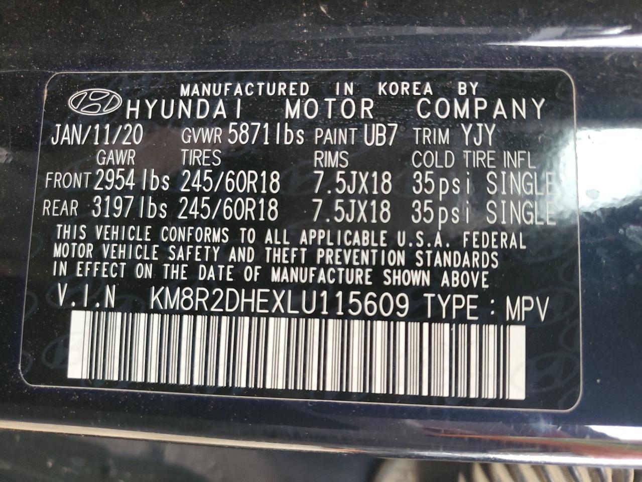 2020 Hyundai Palisade Sel VIN: KM8R2DHEXLU115609 Lot: 61945265