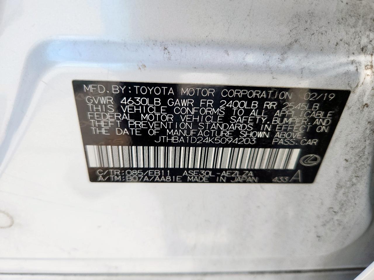 2019 Lexus Is 300 VIN: JTHBA1D24K5094203 Lot: 61448905