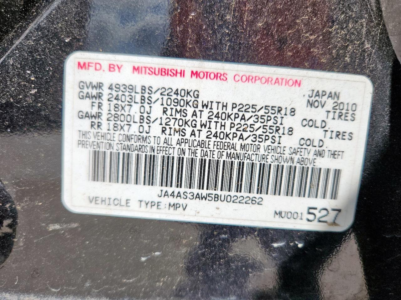 2011 Mitsubishi Outlander Se VIN: JA4AS3AW5BU022262 Lot: 61434285