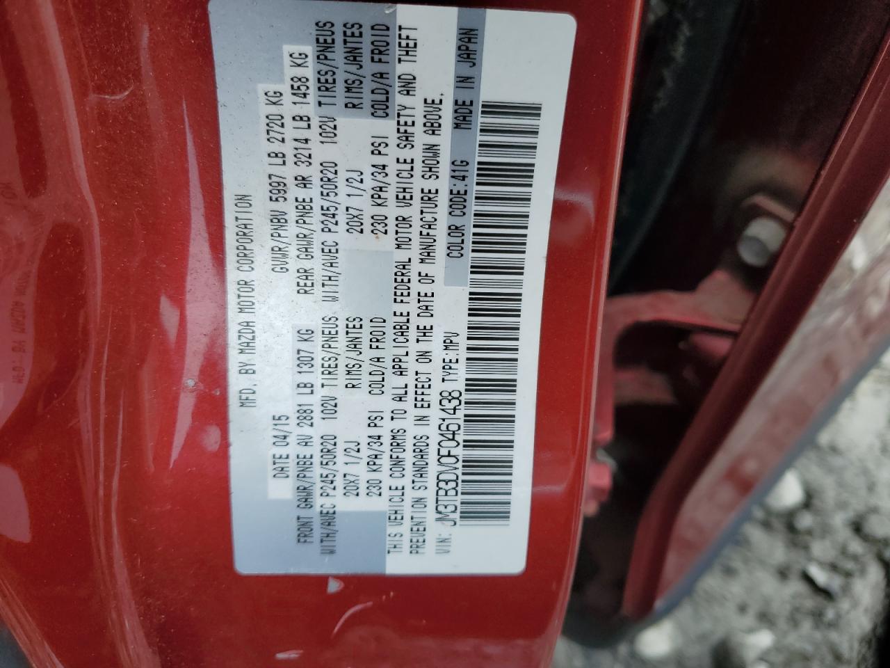 2015 Mazda Cx-9 Grand Touring VIN: JM3TB3DV0F0461438 Lot: 61615275