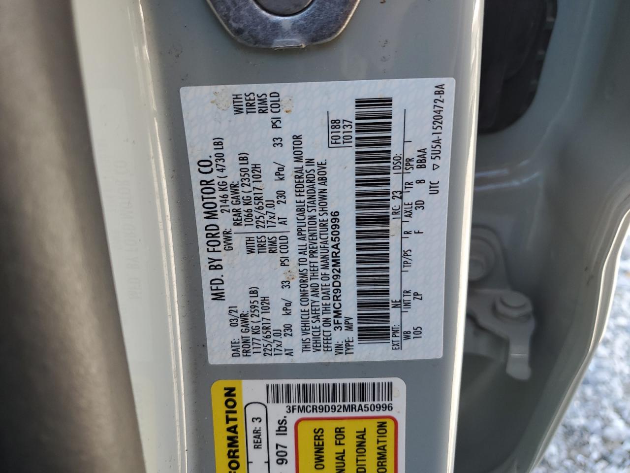2021 Ford Bronco Sport Badlands VIN: 3FMCR9D92MRA50996 Lot: 61769455