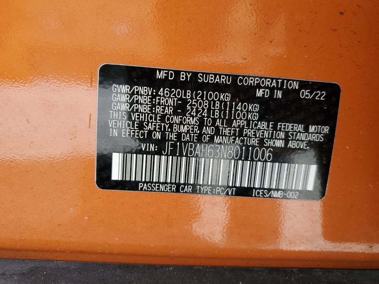 2022 Subaru Wrx Premium VIN: JF1VBAH63N8011006 Lot: 62691365
