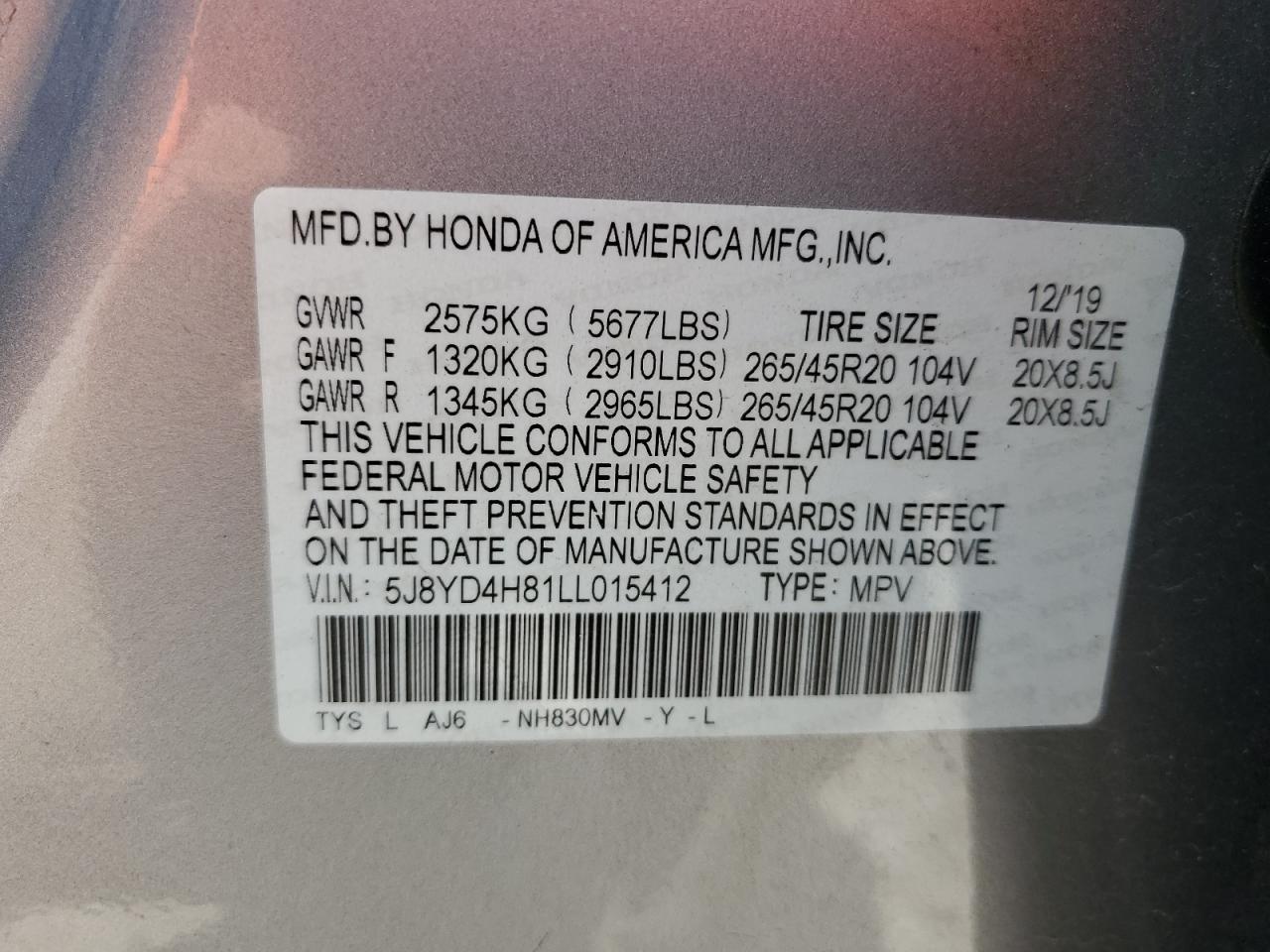 2020 Acura Mdx Advance VIN: 5J8YD4H81LL015412 Lot: 61977985
