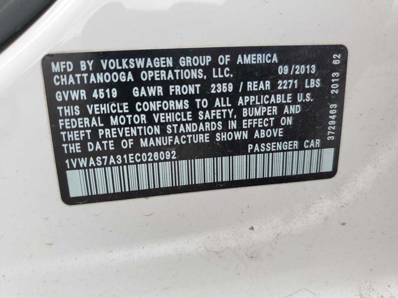 2014 Volkswagen Passat S VIN: 1VWAS7A31EC026092 Lot: 61245505