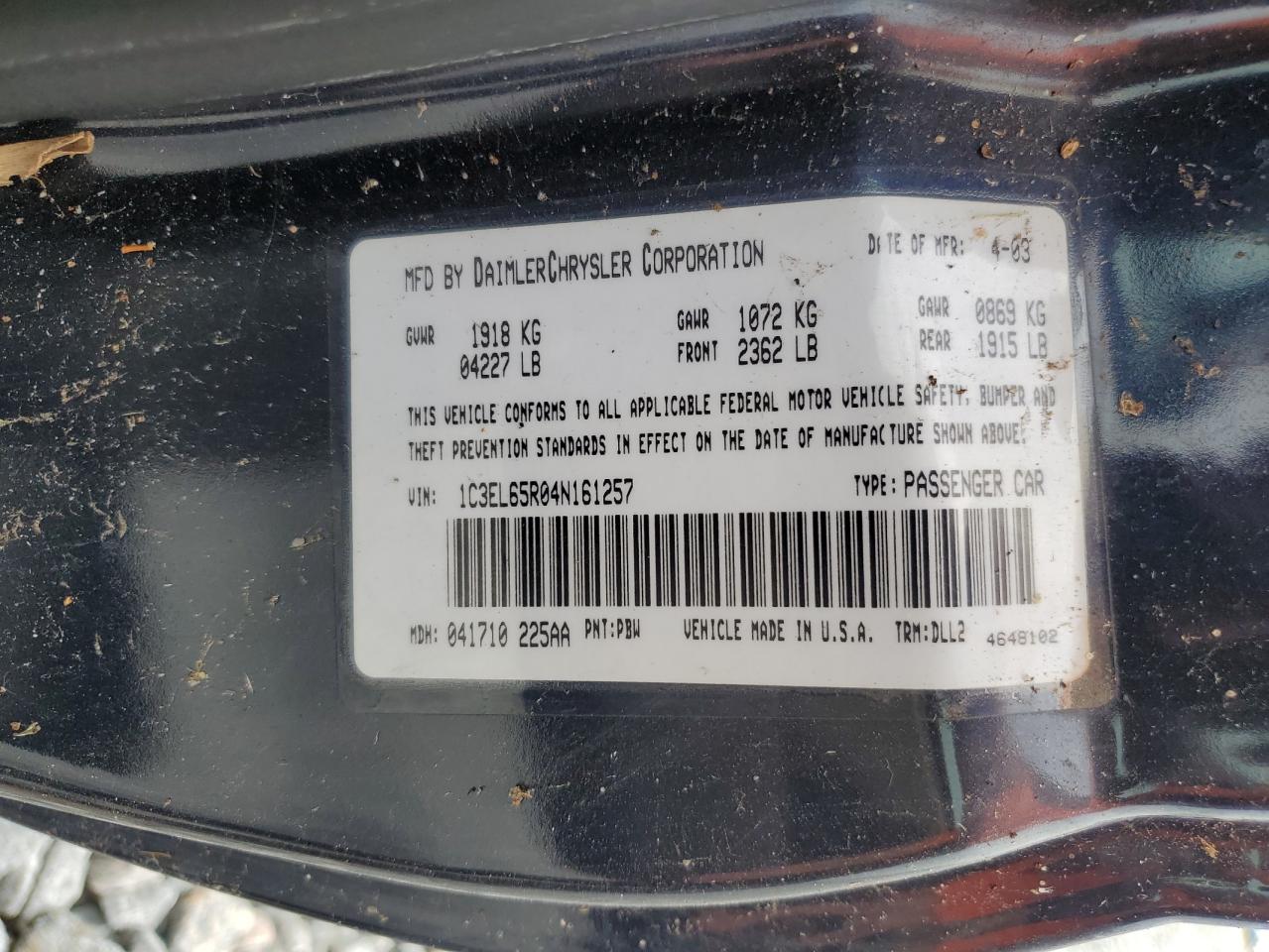 2004 Chrysler Sebring Limited VIN: 1C3EL65R04N161257 Lot: 59822635