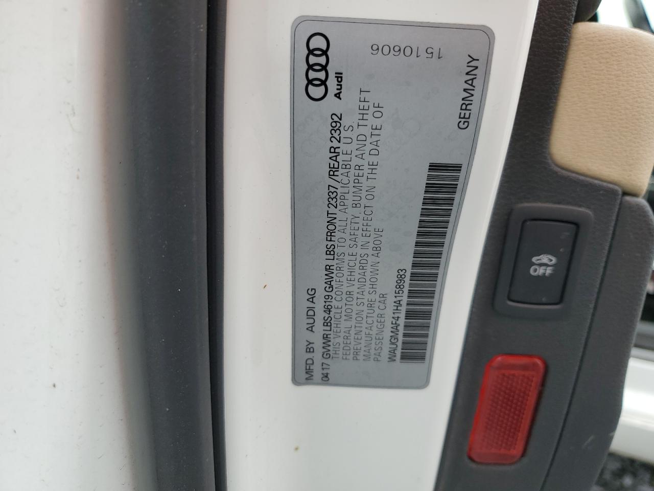 2017 Audi A4 Ultra Premium VIN: WAUGMAF41HA158983 Lot: 63065455