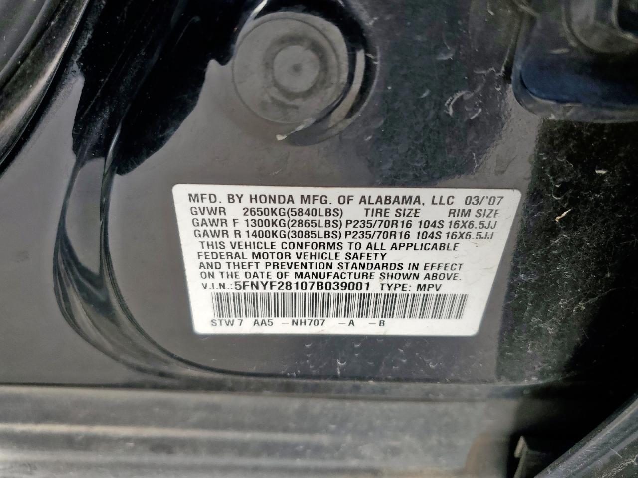 2007 Honda Pilot Lx VIN: 5FNYF28107B039001 Lot: 61394755