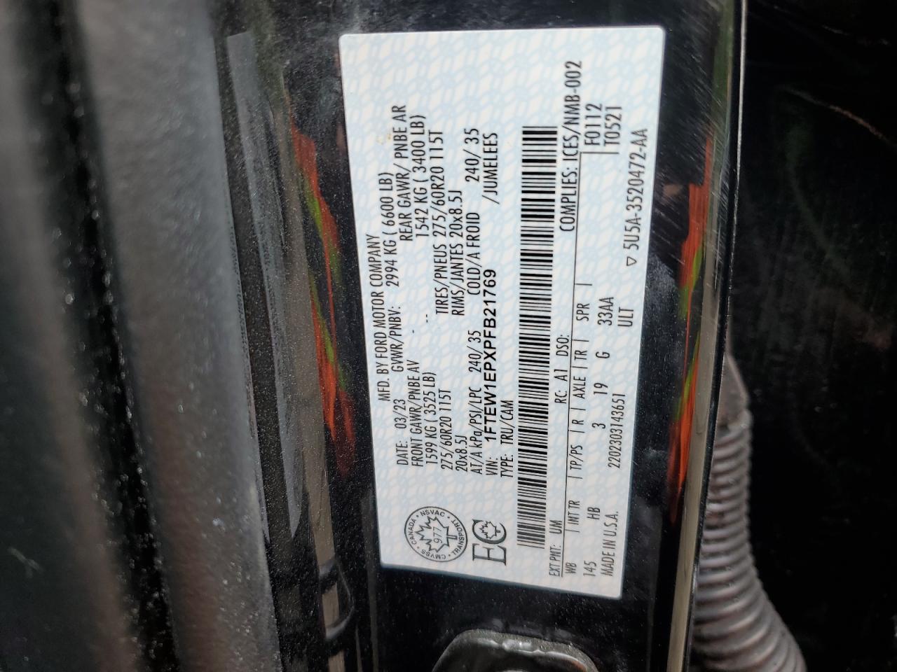 2023 Ford F150 Supercrew VIN: 1FTEW1EPXPFB21769 Lot: 60844155