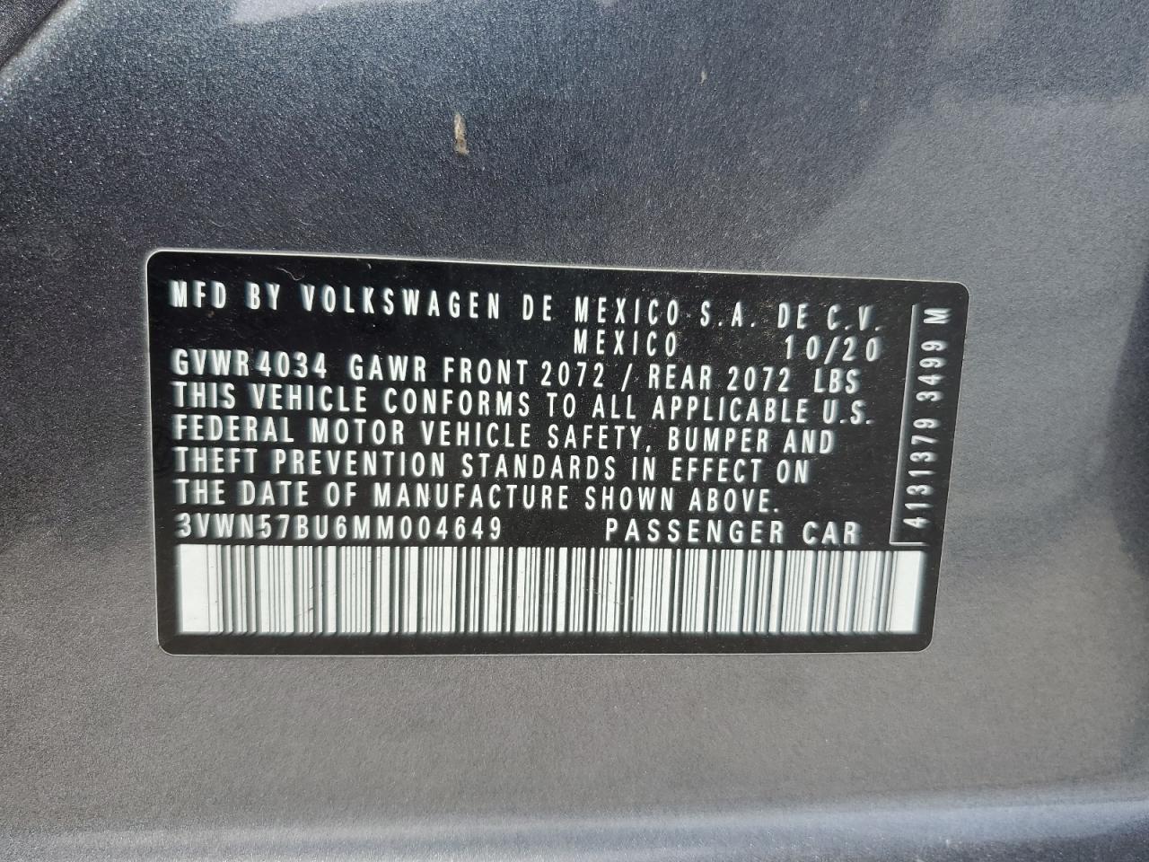 2021 Volkswagen Jetta S VIN: 3VWN57BU6MM004649 Lot: 60975145