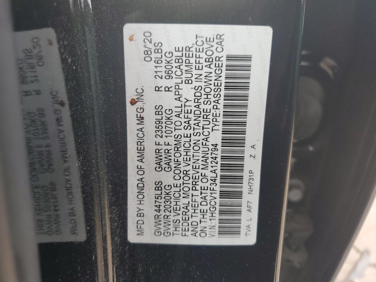 2020 Honda Accord Sport VIN: 1HGCV1F34LA124794 Lot: 62659075