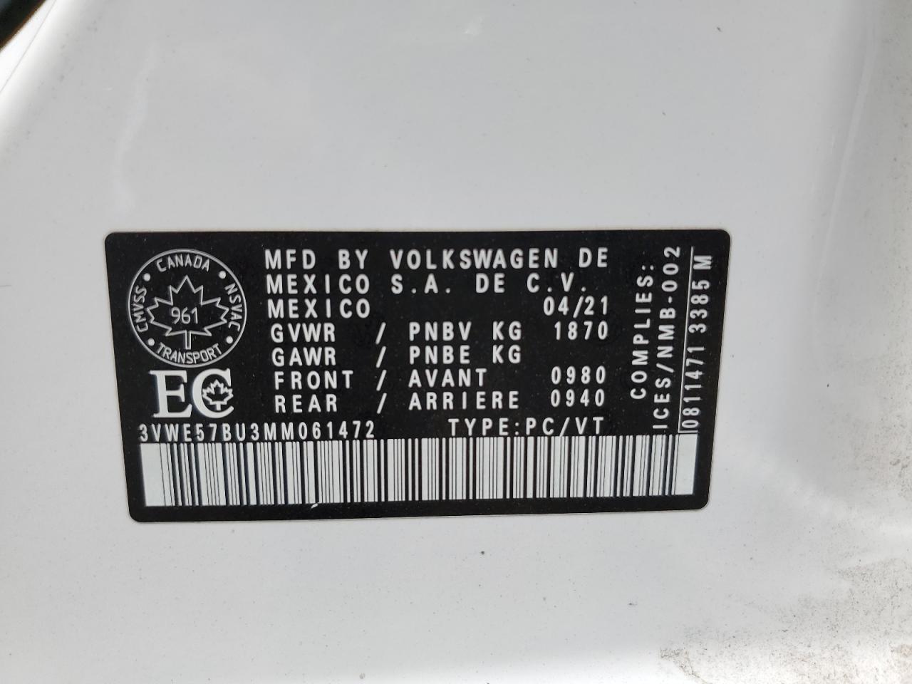2021 Volkswagen Jetta Sel VIN: 3VWE57BU3MM061472 Lot: 62091555