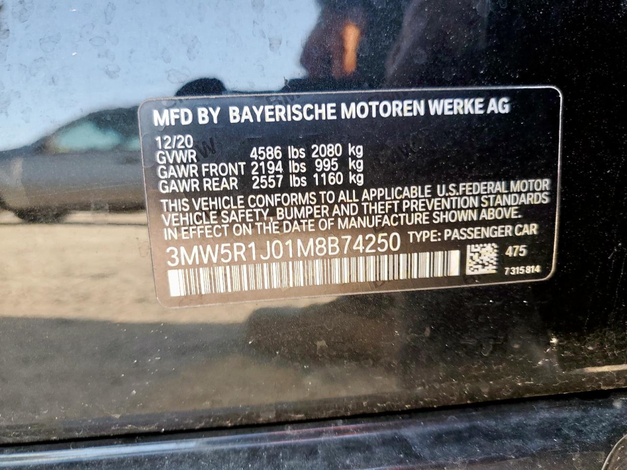 2021 BMW 330I VIN: 3MW5R1J01M8B74250 Lot: 61842315
