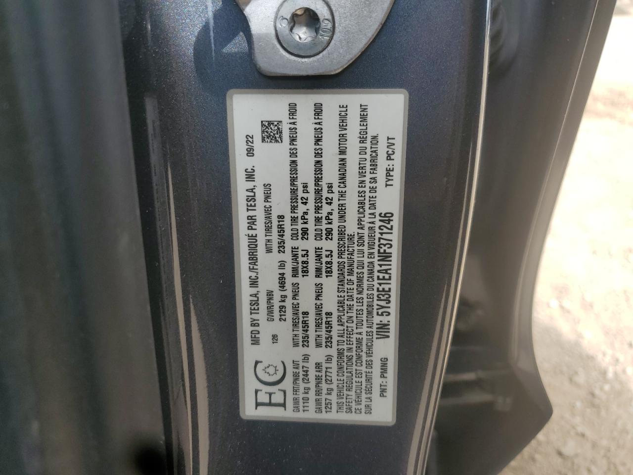 2022 Tesla Model 3 VIN: 5YJ3E1EA1NF371246 Lot: 61856255