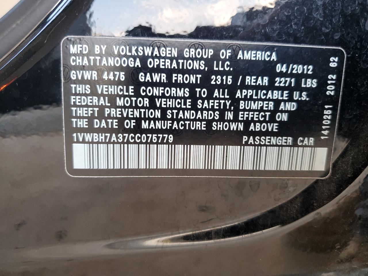 2012 Volkswagen Passat Se VIN: 1VWBH7A37CC075779 Lot: 62419135