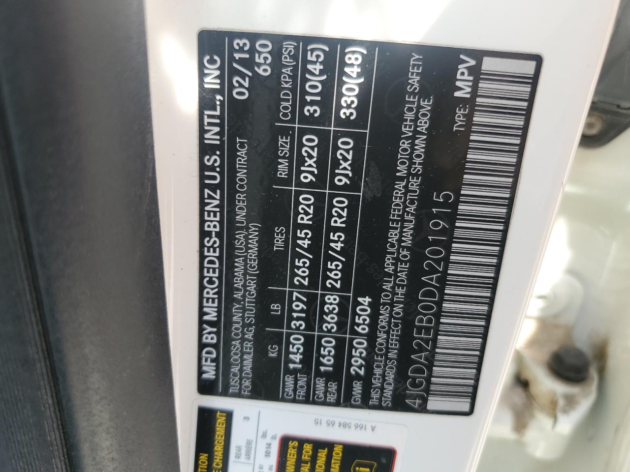 2013 Mercedes-Benz Ml 350 Bluetec VIN: 4JGDA2EB0DA201915 Lot: 62342135